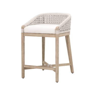 Bar stool with woven backrest and white cushion on a white background